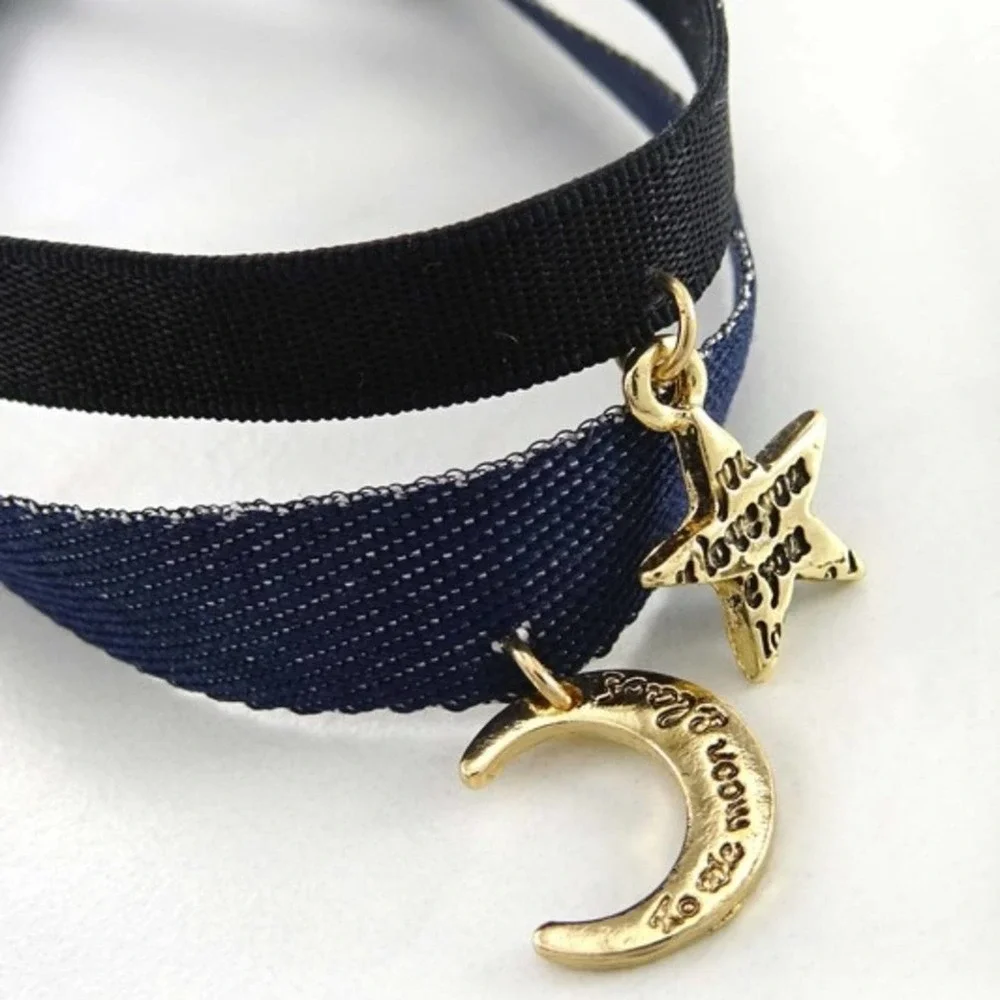 Star & Moon Choker Set Gold Charm Layered Necklace Black Blue Velvet - Picture 4 of 4